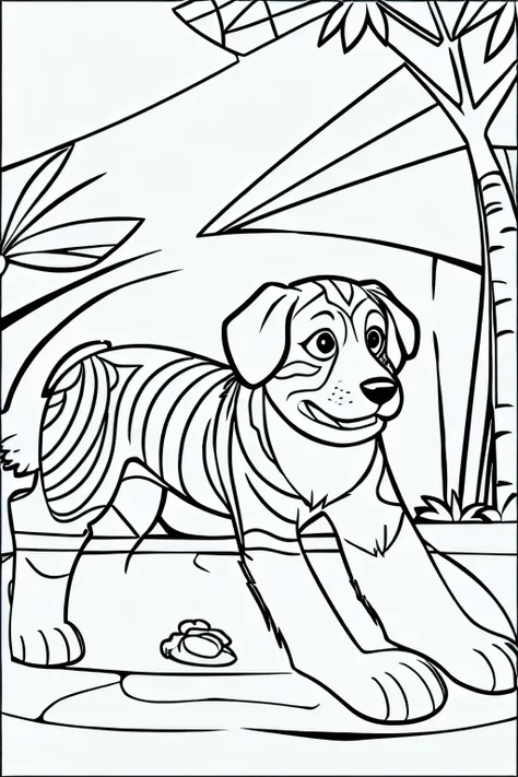 coloring page for kids, dogs in jungle, cartoon style ,think lines ,low detail, no shading