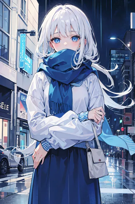 ((best quality)), ((masterpiece)), (detailed), perfect face, 1 girl, white hair, blue eyes, Blue scarf, rain, night city, Blue sweatshirt