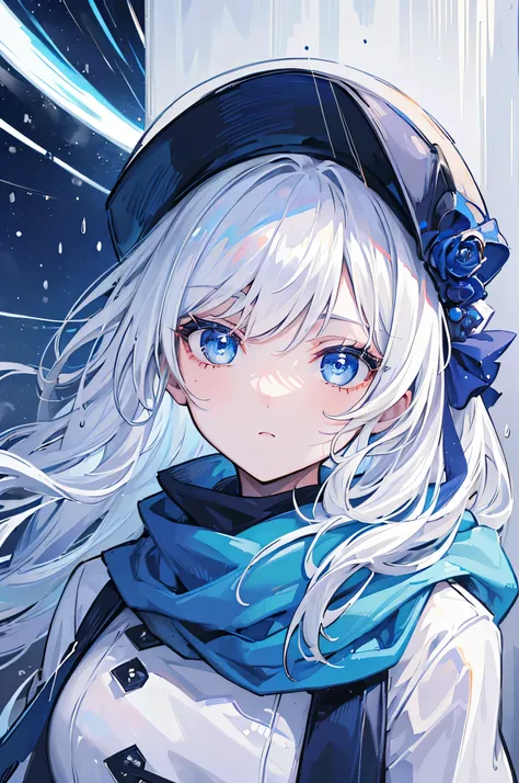 ((best quality)), ((masterpiece)), (detailed), perfect face, 1 girl, white hair, blue eyes, Blue scarf, rain, night city, Blue sweatshirt