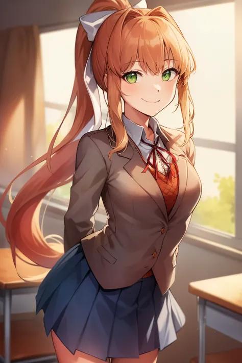 2d, masterpiece, best quality, anime, highly detailed, cowboy shot, 1girl, solo, monika, green eyes, very long hair, ponytail, school uniform, standing, leaning forward, arms behind back, smile, classroom 