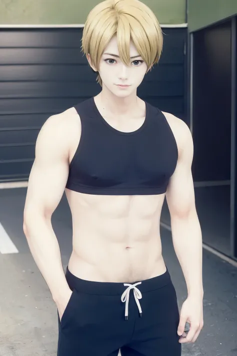 anime boy in a garage, solo, seductive anime boy, attractive anime boy, tied blond boy, Blue-eyed boy, thick, boy wearing black sports bra, Wearing black shorts, cool sports sports bra, Cool boys, anime boy, Also, anime moe art style, anime husband, male p...