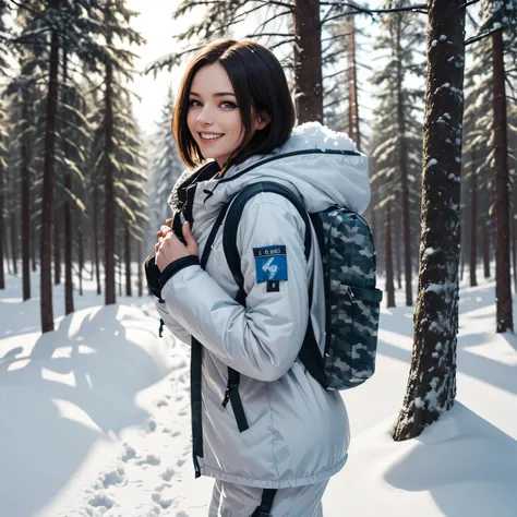 Jill Valentine, blue eyes, short straight hair, cute, white camouflage snow suit, backpack, confident grin, snowy forest background, dire wolf pet, well lit, hands not visible,