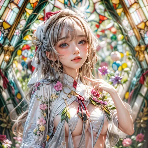 KAWAII girl in ((WHITE)) (loose opened uniform), with Glossy RED lips, (Exposed:0.9), (nipple:-1), { Extremely closeup | Dynamic-angle }, ((Dazzling stained glass Background)), (( colorful Light pours down from stunning elaborate stained glass:1.2)), vivid...