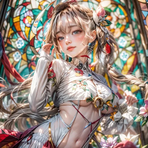 KAWAII girl in ((WHITE)) (loose opened uniform), with Glossy RED lips, (Exposed:0.9), (nipple:-1), { Extremely closeup | Dynamic-angle }, ((Dazzling stained glass Background)), (( colorful Light pours down from stunning elaborate stained glass:1.2)), vivid...