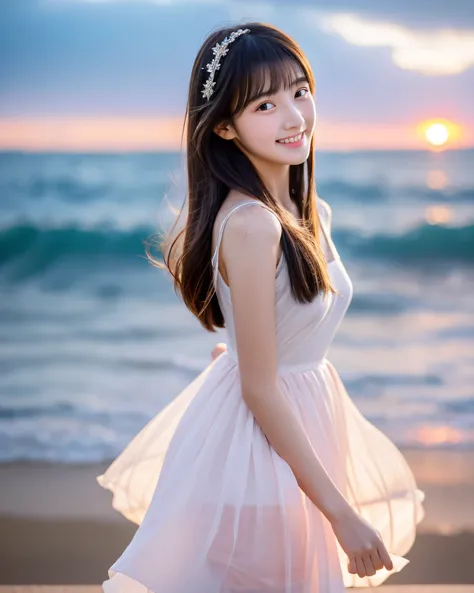 beautiful japanese girl　14 years old　Fine starry sky hair　long thin straight hair　asymmetrical bangs　big magic eyes　detailed moisturized eyes　happy smile　smooth soft skin　pale pink lip　Seaside at sunset　Beautiful transparent sea　Ankle-deep in the sea　White...