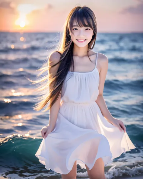 beautiful japanese girl　14 years old　fine silver hair　long thin straight hair　asymmetrical bangs　big magic eyes　detailed moisturized eyes　happy smile　smooth soft skin　pale pink lip　Seaside at sunset　Beautiful transparent sea　Ankle-deep in the sea　White Pri...