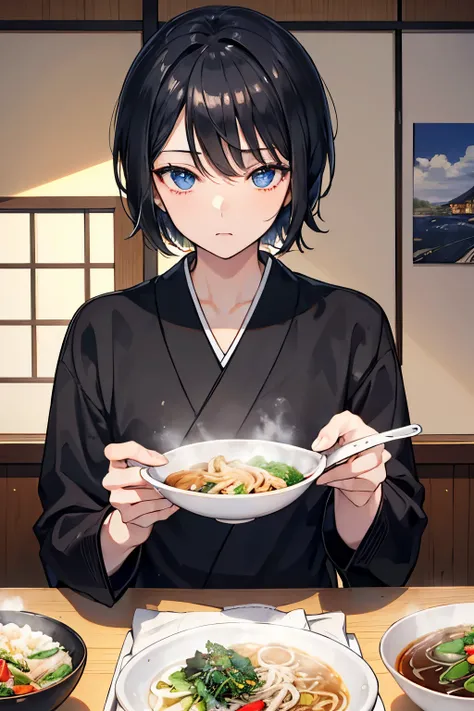 male　black hair　blue eyes　short hair　one person　sweater　slacks　Brown coat　Soba restaurant　Japanese style room　table　Eating soba noodles　rightward　diagonal angle　masterpiece　Highest image quality　noise removal　clear parts 　cinematic shadow　Increased attract...