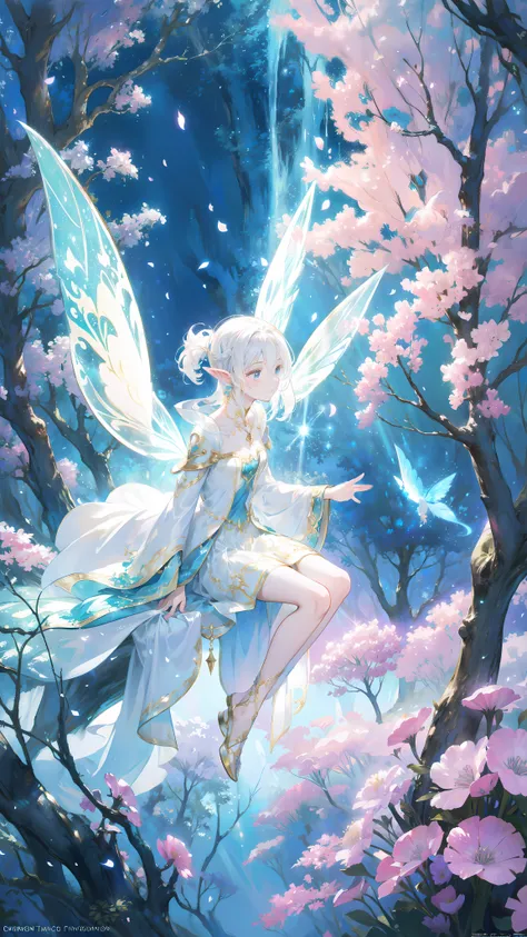 a pixie wearing pixie armor,flying through the magical forest,sparkling fairy dust,floating flower petals,majestic sunlight filtering,beautifully textured foliage,enchanted glowing mushrooms,twinkling stars,surreal atmosphere,breathtaking scenery,whimsical...