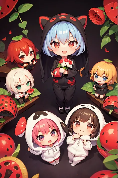 (Chibi:1.3), happy, (holding a bouquet), full body, (Kigurumi), (Nendoroid:1.1), (rafflesia:1.3), 