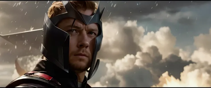 sharp man with helmet and glasses looks at the camera, magneto, ciclope, Taron Egerton como Wolverine, Bryan Cranston como Thor, foto de efeitos visuais, efeitos visuais impressionantes, captura de tela do filme, sem texto, ainda do filme da Marvel, Cinema...