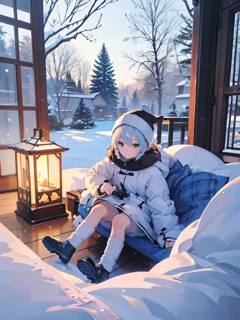 A young boy in a 3-D rendered winter wonderland, surrounded by snow-covered trees, play full snowflakes, and a cozy cottage in the distance.