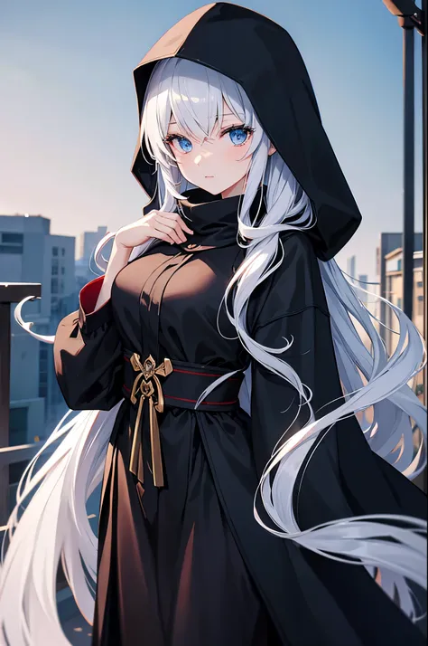 anime, woman, young woman, long hair, white, light blue eyes. wearing a black romantic cloak. Wearing a black hood. Mysterious. Arabic background.