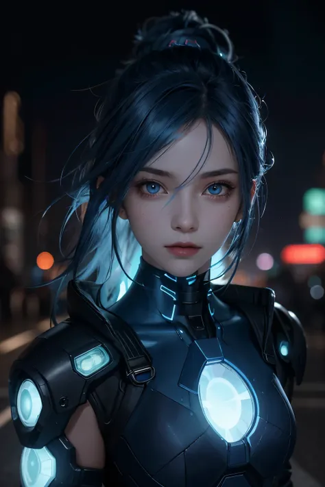 a class up, of a girl, perfect face, blue hair, eyes with radiant lights, a cyberpunk skin, on a street with several lights, background blur, cinematic image high quality full hd, perfect image without errors, image rich in details .