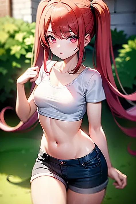 young girl, red hair, girl, small breasts, twintail hair, pink bangs, pink eyes, black top shirt, blue jeans short, in a ´park, ...