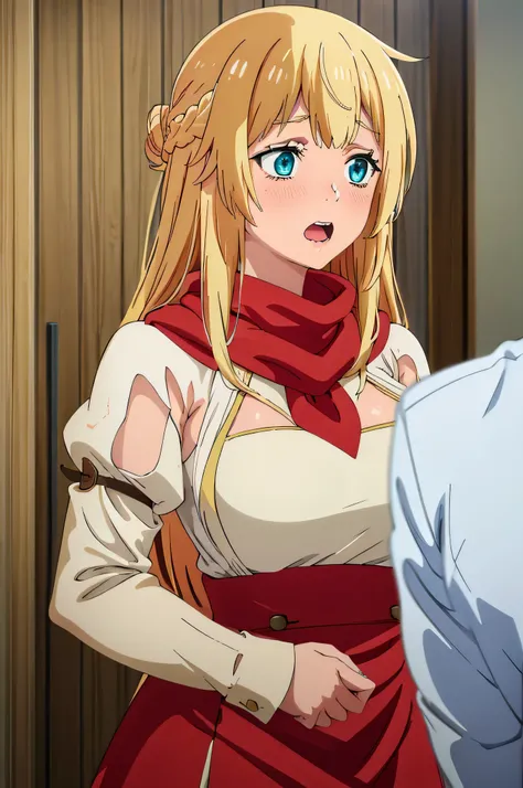 Rit_BFTHP blonde hair long hair red scarf french braid blush large breasts blue eyes,cared expression
open mouth
clenched teeth
