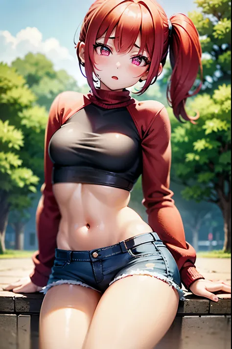 young girl, red hair, girl, small breasts, twintail hair, pink bangs, pink eyes, black top shirt, blue jeans short, in a ´park, looking at viewer, 4k, masterpiece, 8k, detailed, Hd anime, all body in art, full body
