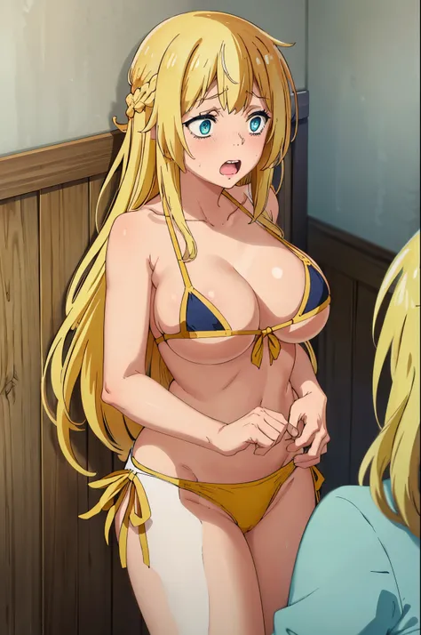 1girl,solo,Rit_BFTHP blonde hair long hair french braid blush((bikini)) large breasts blue eyes,scared expression open mouth clenched teeth
