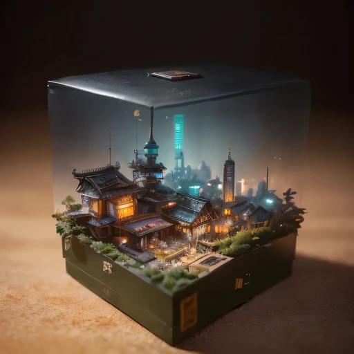 small realistic model, (bifurcation, original photo, best quality, masterpiece:1.4),SteampunkCyberpunk6920 City,(Cyberpunk light:1.3), Mards,horizon (related to land),(in a small nature box:1.3),Isometric, small nature, landscape on foundation,landscape,