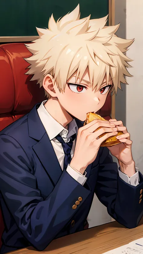  Bakugo Katsuk   lboy,Blonde hair, Short hair ,Red eyes, short hair, school uniform upper body , wear school uniform, set on chair, eating breakfast 