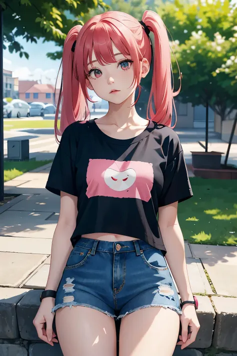 young girl, red hair, girl, small breasts, twintail hair, pink bangs, pink eyes, black top shirt, blue jeans short, in a ´park, looking at viewer, 4k, masterpiece, 8k, detailed, Hd anime, all body in art, full body
