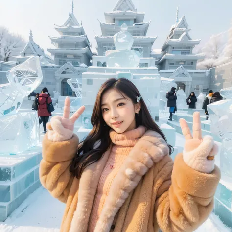 A woman wearing a fur coat making a peace sign in front of a building, cold as ice! 🧊, Bae Suzy, TWICE&#39;s Tzuyu, ice, Inspired by Kim Jung Hee, iceでできている, Shin Jin Young, 8K)), korean girl, 2 0 2 0 fashion, cold, Lee Ji Eun, Inspired by Ma Yuanyu