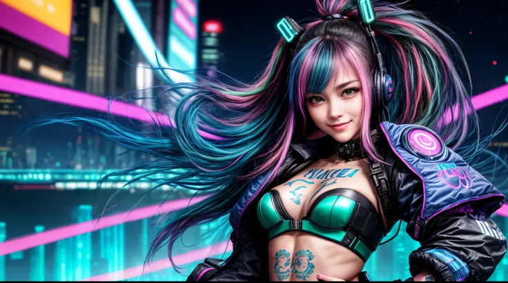 visage dune fille sexy, headphone, magnifique visage japonais, tenue cyberpunk, blue & green long hair in wind, Gbig smile, Multicolored lights, Contexte Cyberpunk City, de nuit, half the body, studio mannequin photoréaliste 8k, (gros sein:1,9), body tatou...