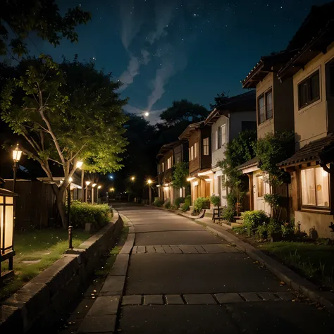 Summer night in the village, moonlight illuminates the streets, penetrating through the lush foliage of trees, starry sky over the roofs of houses, in the depths of the village the soft light of lanterns burns, photorealism