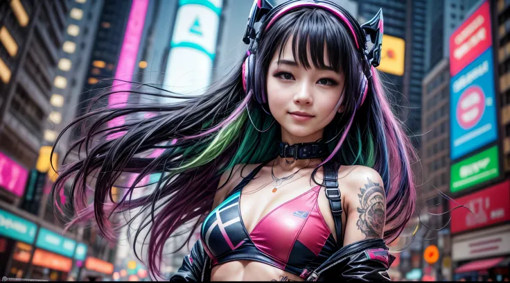 visage dune fille sexy, headphone, navel ouvert, tenue cuir, magnifique visage japonais, tenue cyberpunk, blue & green long hair in wind, big smile, Multicolored lights, Contexte Cyberpunk City, de nuit, half the body, studio mannequin photoréaliste 8k, (g...