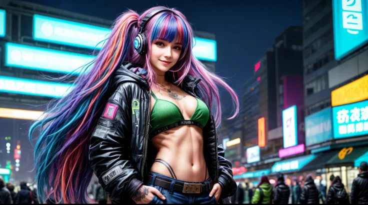 visage dune fille sexy, headphone, navel ouvert, tenue cuir, magnifique visage japonais, tenue cyberpunk, blue & green long hair in wind, Gbig smile, Multicolored lights, Contexte Cyberpunk City, de nuit, half the body, studio mannequin photoréaliste 8k, (...