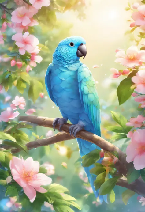 best quality,4K,8k,high resolution, super detailed, in the house、Sleep in bed、The morning sun shines where you wake up、温柔的微笑凝视着Blue silver monk parrot,Only a little fluttering button pajamas, Blue silver monk parrot在歌唱并醒来、accompanied by a beautiful song、be...