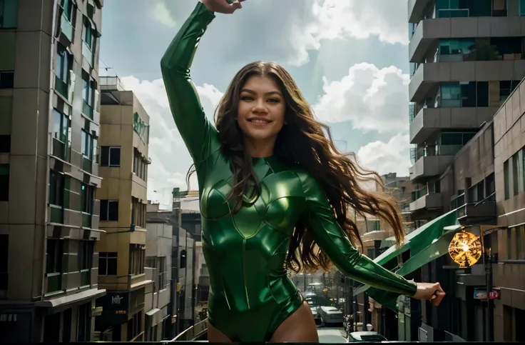 zendaya, extremely long hair, bright green eyes, green lantern suit, soft green light around, on the air, showing the power of t...