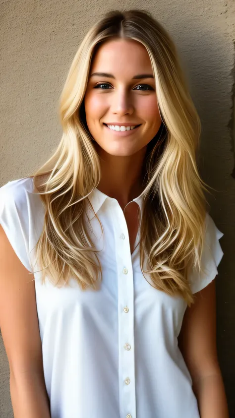 une femme blonde souriante de 23 ans, Photorealism, Blonde Hair with Light Brown Roots, cheveux blond, Cheveux avec des racines brunes, Very long hair, yeux bleus, belle femme, vue de face, Gros plan sur le visage, high quality, selfie, elegant black shirt...