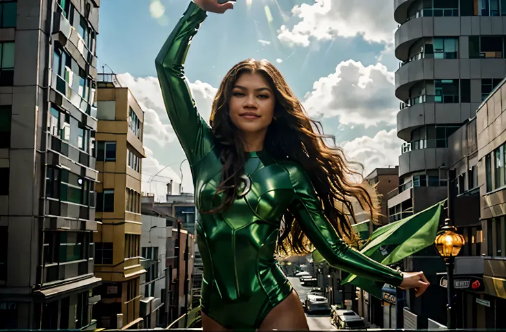 Zendaya, cabelos extremamente longos, olhos verdes brilhantes, Terno do lanterna verde, luz verde suave ao redor, logotipo no peito brilhando, No ar, mostrando o poder do anel verde, sorridente, floating in the air over buildings, closed hands,  hero pose,...