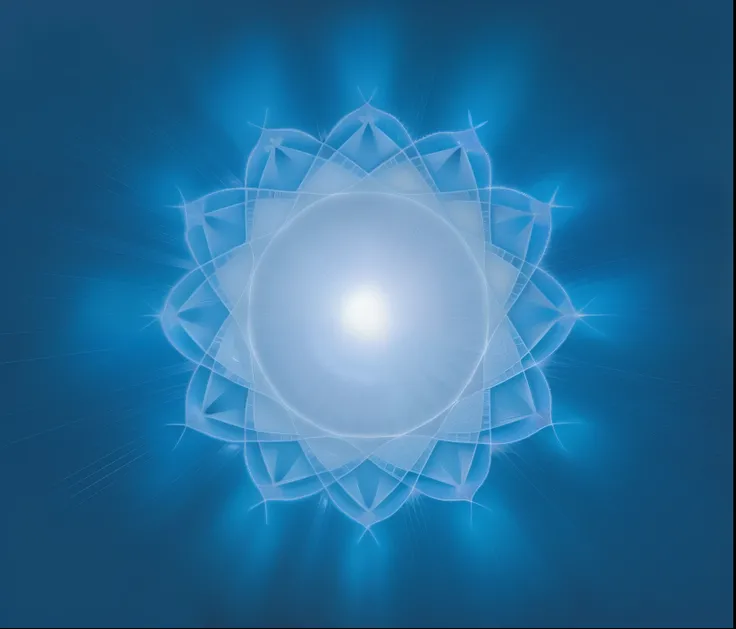 um close de uma flor azul com uma estrela de 9 pontas no meio, emanating with aura azul, emanando e fluindo energia, no centro da imagem, Geometria sagrada sobreposta, aura azul, Ajna Chakra, centrado na imagem, aura branca brilhante, Geometria Sagrada Fra...