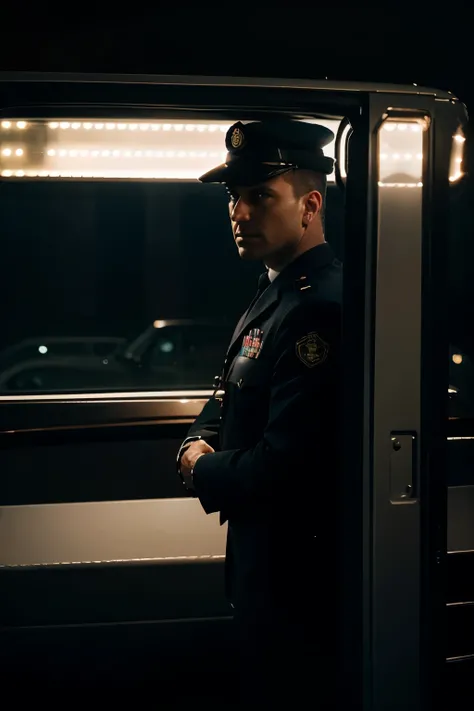 landscape dimensions, 16 x 9, foreign border guard inspecting a vehicle. it is night time. cinematic view of him looking into vehicle.