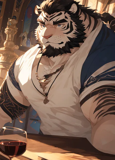 human nature((dramatic))epic, dynamic poses, dynamic angle, a scene in, Extreme perspective and powerful composition, ridiculous, (super detailed), sharp focus, Genji, Eye, black Eye, hairy, white fur, Black and white fur, black hair，Blackbeard, human natu...