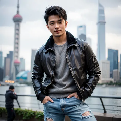 portrait of a 33 year old indonesian man with neat black hair, dashing body wearing a thick jacket standing smiling, ripped jean...