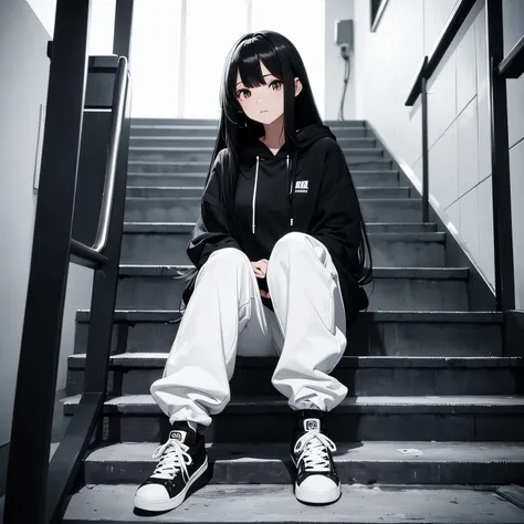 A beautiful and cute girl, long black hair, black and white hoodie, trousers, sneakers, decent, sit, tall, stand stairs, pretty