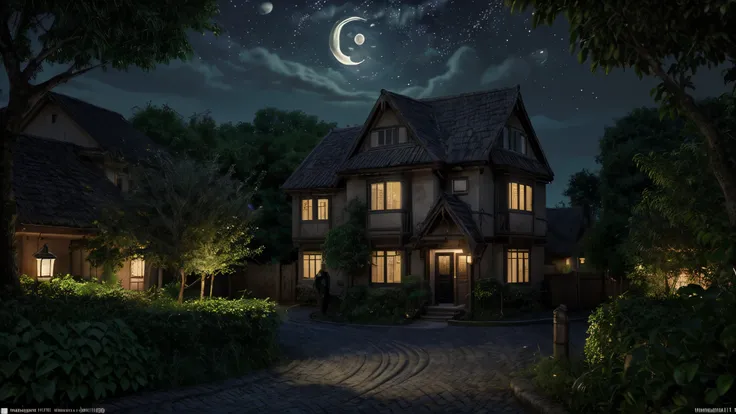 Summer night in the village, moonlight illuminates the streets, penetrating through the lush foliage of trees, the starry sky above the roofs of houses, in the depths of the village the soft light of lanterns is burning, photorealism, high resolution