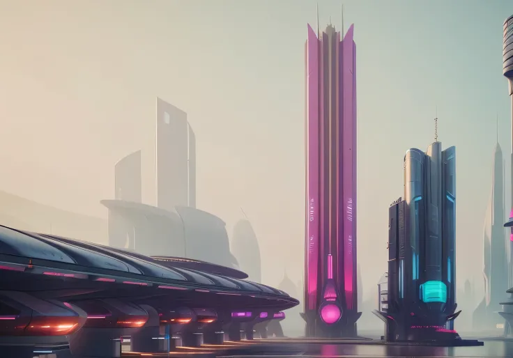 futuristic city with a futuristic tower and a futuristic train station, arstation and beeple highly, 3 d render beeple, artgem and beeple masterpiece, inspired by Mike "Beeple" Winkelmann, concept art | beeple, beeple colors, futuristic cityscape, beeple r...