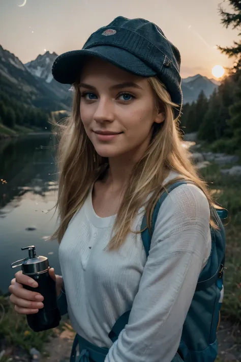 RAW, photograph,((best quality)), ((masterpiece)), ((realistic)), gorgeous european woman, 24 year old, (long blonde hair), blue eyes, ((upper body selfie, happy)), solo, outdoors, (night), mountains, nature, (stars, moon) cheerful, happy, backpack, sleepi...