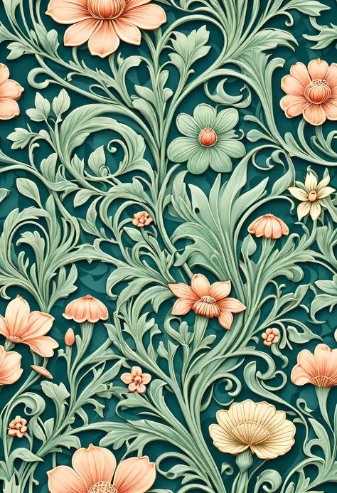 art nouveau style featuring a serene garden with intricate floral patterns and organic forms. . elegant, decorative, curvilinear forms, nature-inspired, ornate, detailed