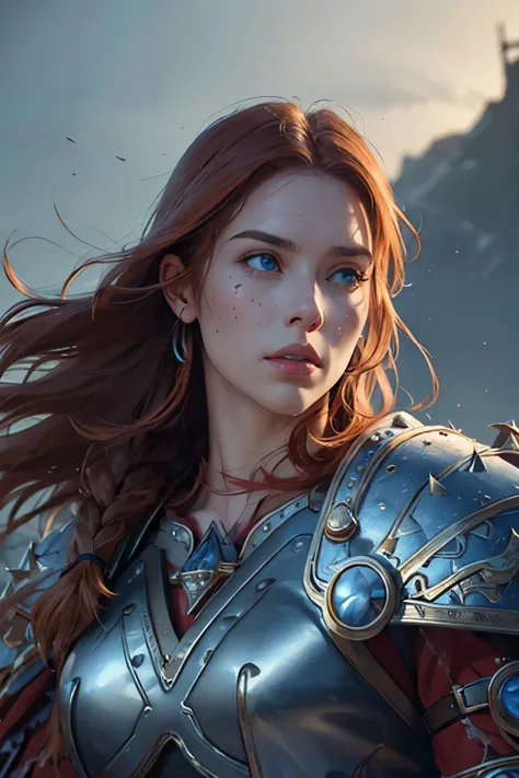 (RAW photo, best quality), (realistic, photo-realistic:1.3), best quality, highly detailed, masterpiece, ultra-detailed, illustration, 1girl, upper body, dynamic angle, Nordic saga, fierce viking warrior, long flowing red hair, war paint on face, grasping ...