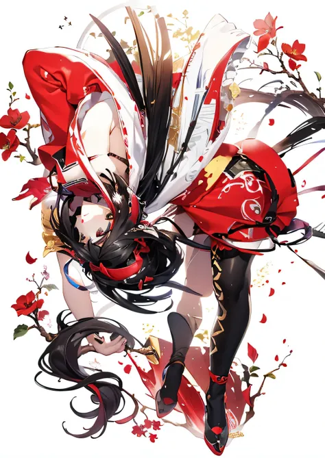 masterpiece，best quality，Super beautiful illustrations,A beautiful girl in a red chinoiserie dress，flowing black hair，black pants，red skirt，white skirt，embroidery，