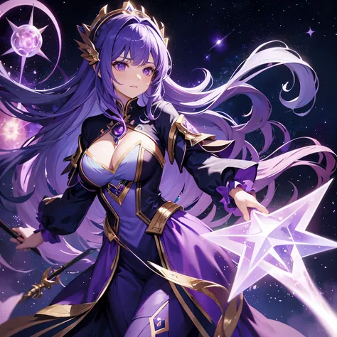 Grand Mage, Beautiful Lady, Holding a galactic and nebula looking staff, Nebula looking hair, Violet and starry-looking clothes, Starry dress, Long Violet hair, 30 Years old, Holding a floating glowing galaxy-like pentagram