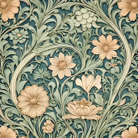 art nouveau style featuring a serene garden with intricate floral patterns and organic forms. elegant, decorative, curvilinear forms, nature-inspired, ornate, detailed