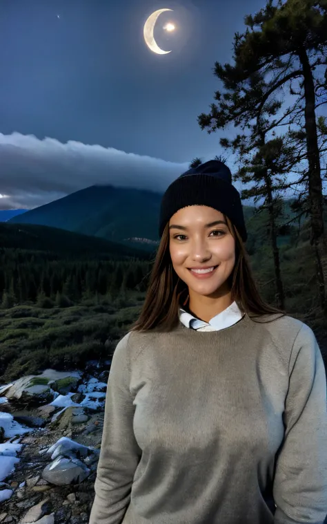 photograph, photo of beautiful woman, selfie, upper body, solo, wearing pullover, outdoors, (night), mountains, real life nature, stars, moon, cheerful, happy, gloves, sweater, beanie, forest, rocks, river, wood, smoke, fog, looking at viewer, skin texture...