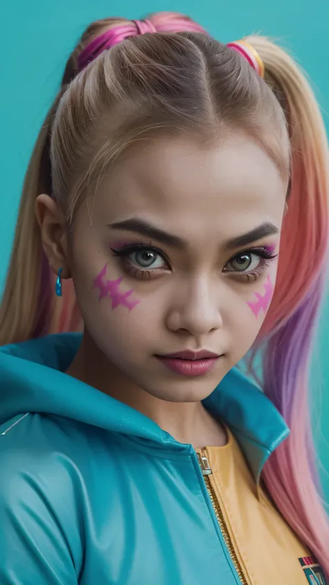 Vogue style photo shoot of malay teenage girl as character harley quinn from the movie suicide squad with pastel colored background in Wes Anderson style, hyper - realistic photography, Wes Anderson style, full body, 8k, close - up shot, extreme close - up...