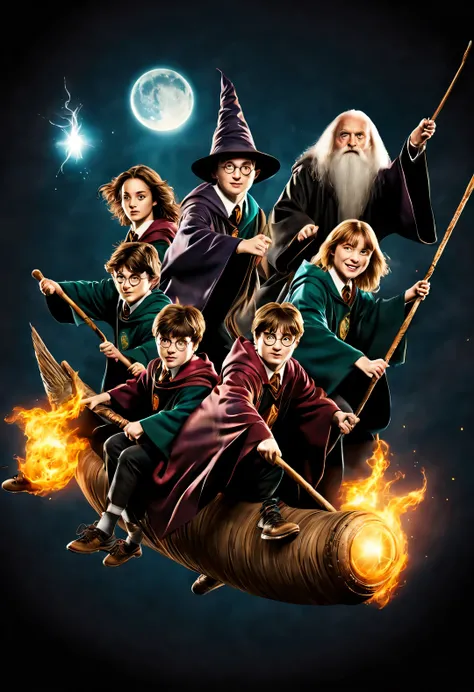 Wizard Harry Potter and Friends on the Broomstick，Above the Magic Academy Arena