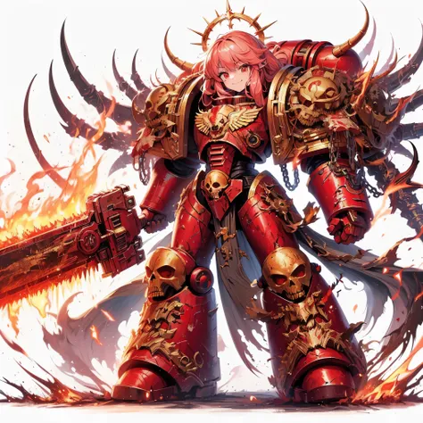 Masterpiece, best quality, ultra-detailed, anime style, full body of Chaos space marine girl, Blood Red and Brass power armor, wild barbarian, held hellish chainsaw sword, supernatural Lightning and flame, ((blood skull symbol)), Warhammer 40K, 8k high res...